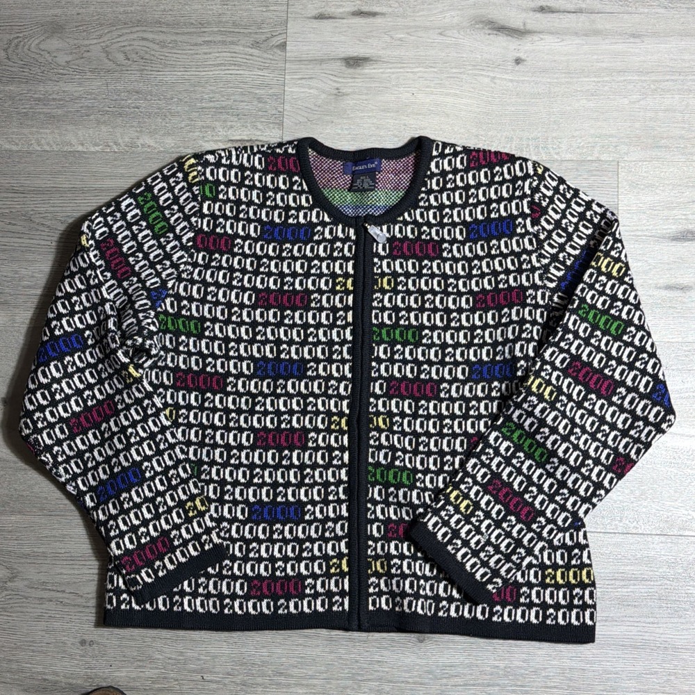 Vintage Y2K Eagle's Eye Binary 2000 Zip Cardigan Sweater‎ Large Tech Knit